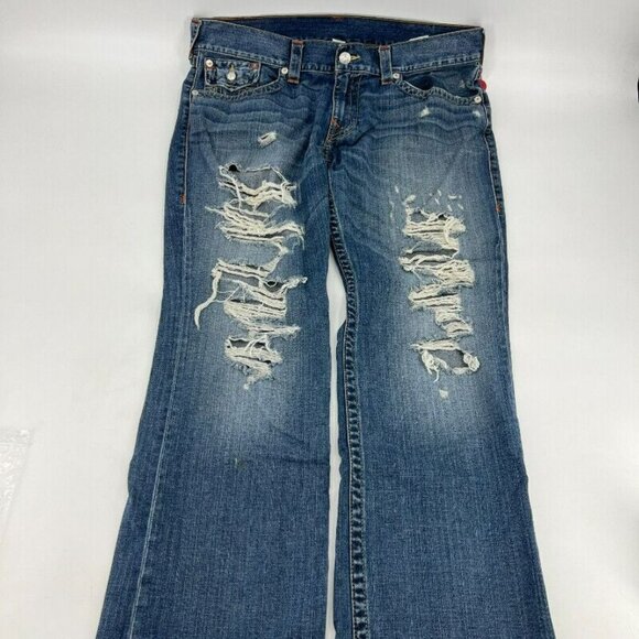 True Religion Medium Wash Distressed Straight Flared Jeans Mens Size 38 - Picture 4 of 9